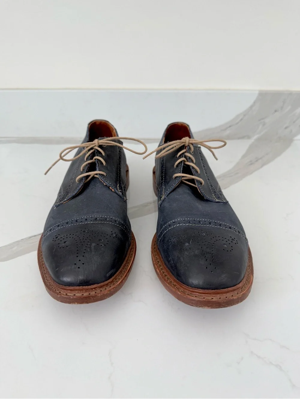 Allen Edmonds Bainbridge Navy Blue Leather Brogue Cap Toe Derby Shoes